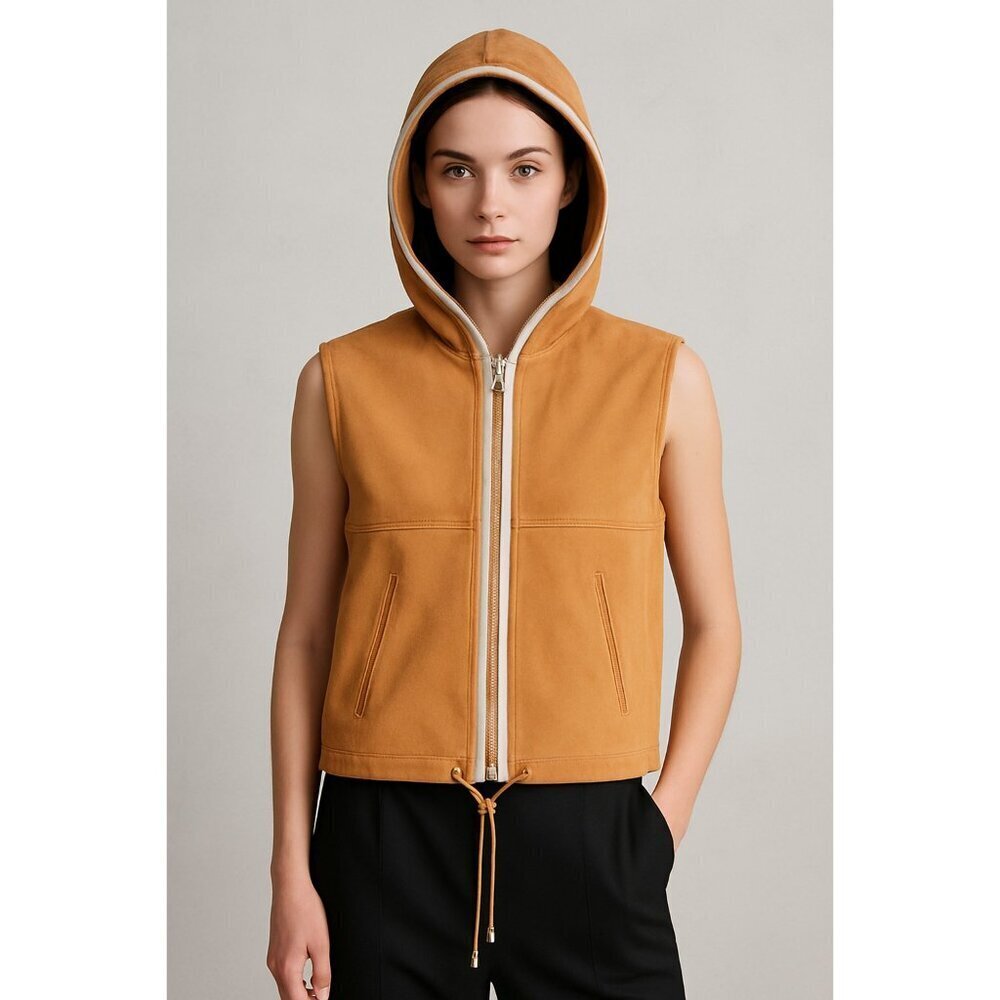 YOGO by Goes Goat Suede Hooded Vest Tan Leather Sleeveless Jacket Size 40 - Picture 12 of 12